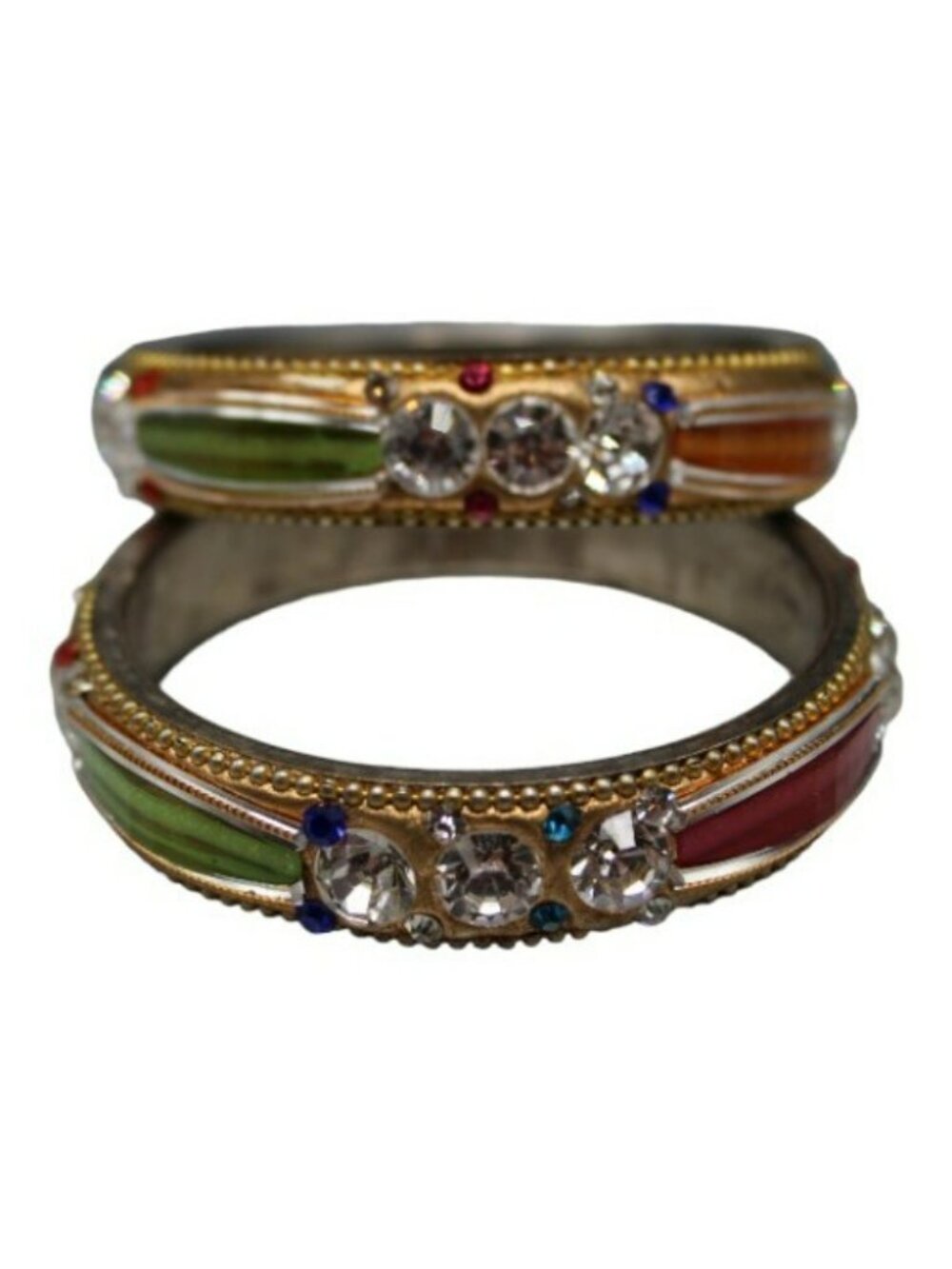 Bangle Bracelets Silver Faceted Clear Green Gold Red Rhinestones 2 1/4" Lot Of 2